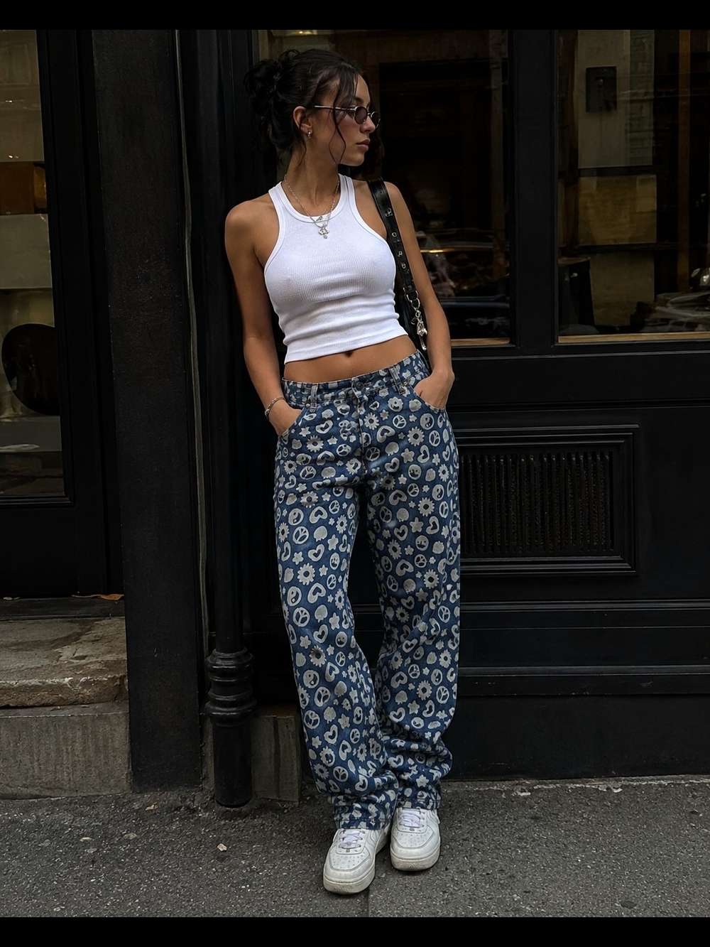 Daisy Street Graphic Print Jeans | Retro Streetwear Smiley Peace Sign Denim 6